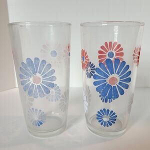 Hazel Atlas 2 Vintage Sour Cream Glasses Pint 16 oz Red White Blue Flower